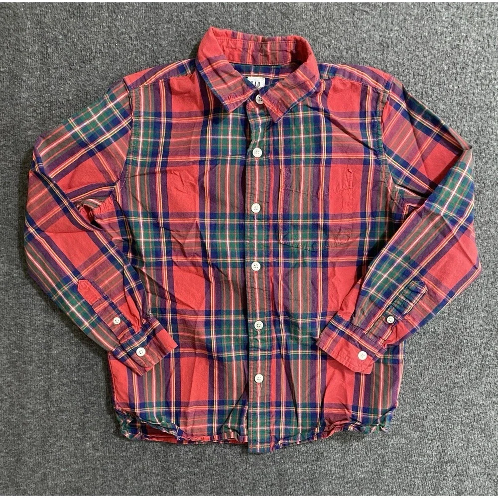 Gap Kids Boys Red Plaid Poplin Button Down Long Sleeve Shirt Size M 8-9